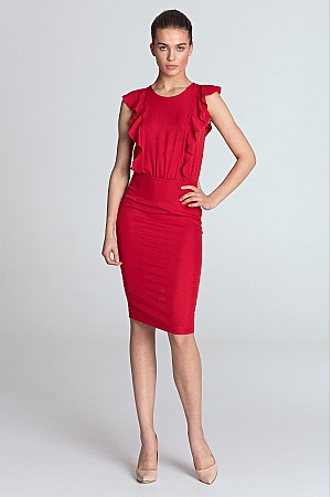 Nife - Sukienka ołówkowa z pionowymi falbanami - czerwony